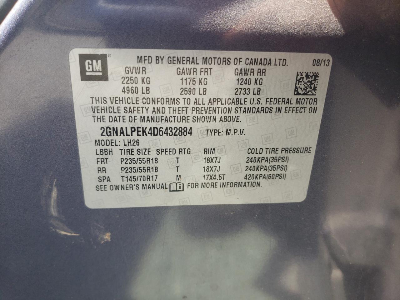 2013 Chevrolet Equinox Lt VIN: 2GNALPEK4D6432884 Lot: 59673794