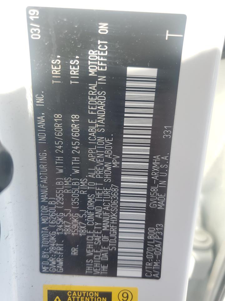 2019 Toyota Highlander Hybrid VIN: 5TDJGRFHXKS063687 Lot: 57174324