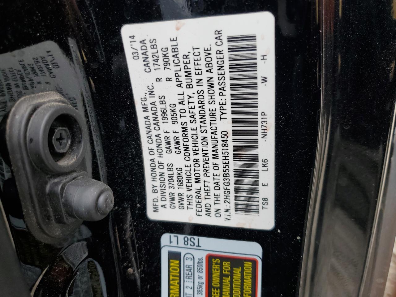 2014 Honda Civic Lx VIN: 2HGFG3B55EH518450 Lot: 67616725