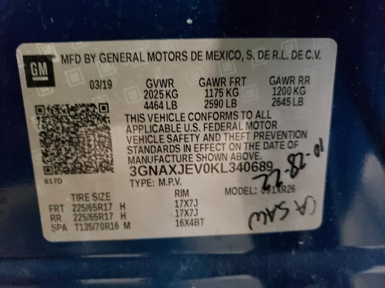 2019 Chevrolet Equinox Lt VIN: 3GNAXJEV0KL340689 Lot: 58463054