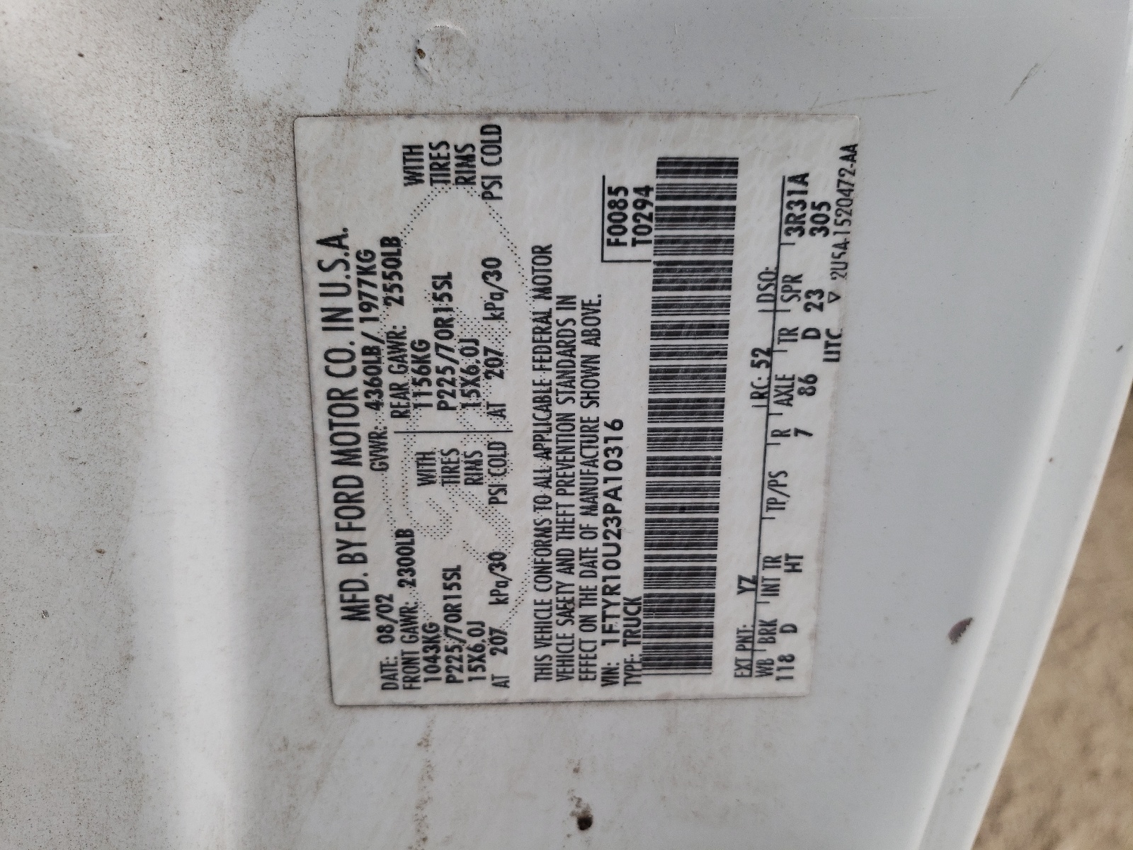 1FTYR10U23PA10316 2003 Ford Ranger