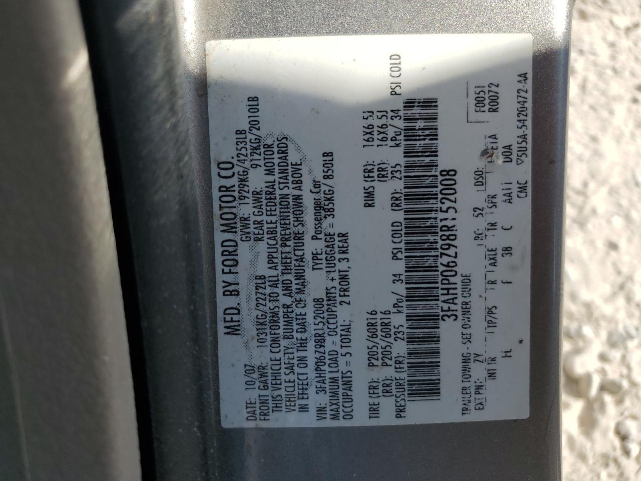 2008 Ford Fusion S VIN: 3FAHP06Z98R152008 Lot: 60742824