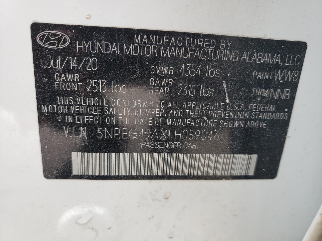 2020 Hyundai Sonata Se VIN: 5NPEG4JAXLH059046 Lot: 57236604