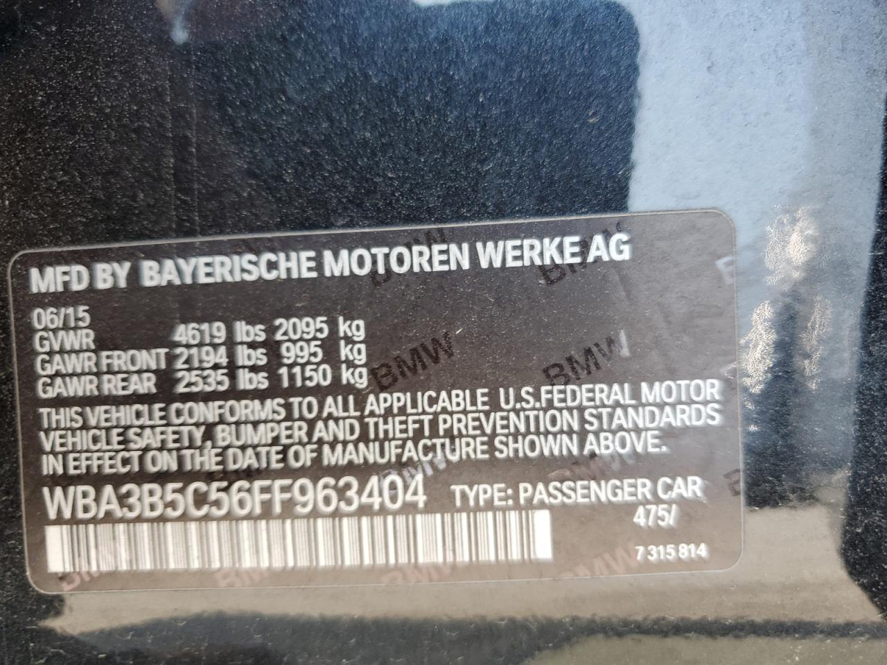 2015 BMW 328 Xi Sulev VIN: WBA3B5C56FF963404 Lot: 59481684