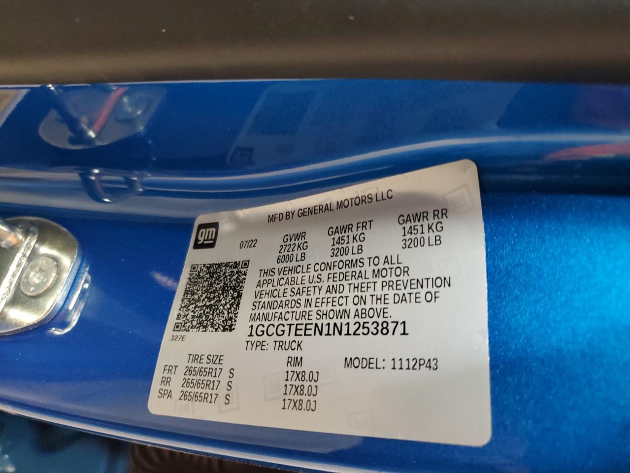 2022 Chevrolet Colorado Zr2 VIN: 1GCGTEEN1N1253871 Lot: 60400384