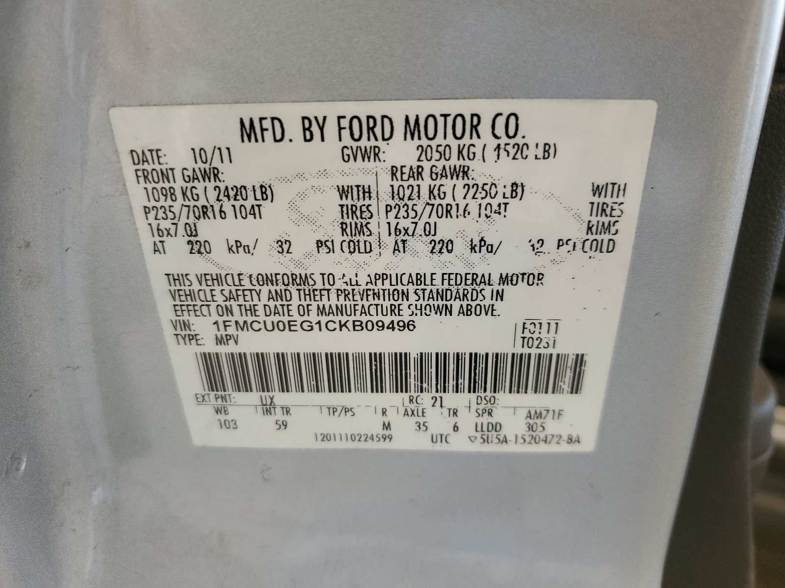 1FMCU0EG1CKB09496 2012 Ford Escape Limited