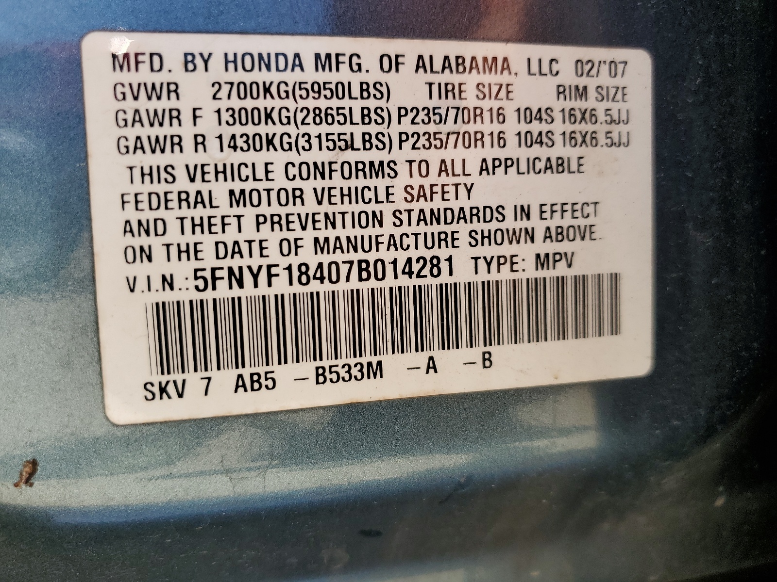 5FNYF18407B014281 2007 Honda Pilot Ex