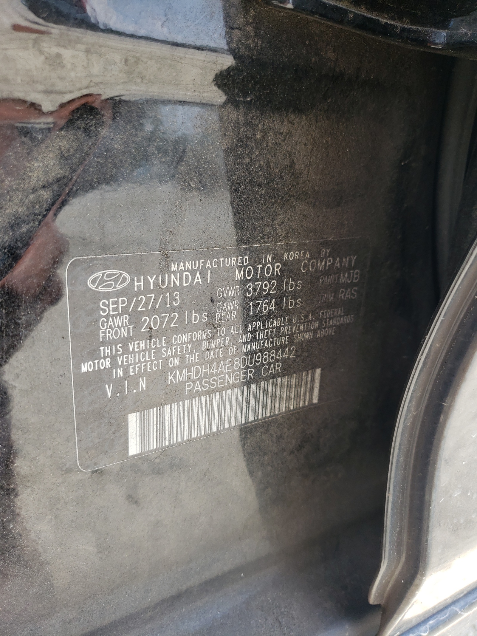 KMHDH4AE8DU988442 2013 Hyundai Elantra Gls