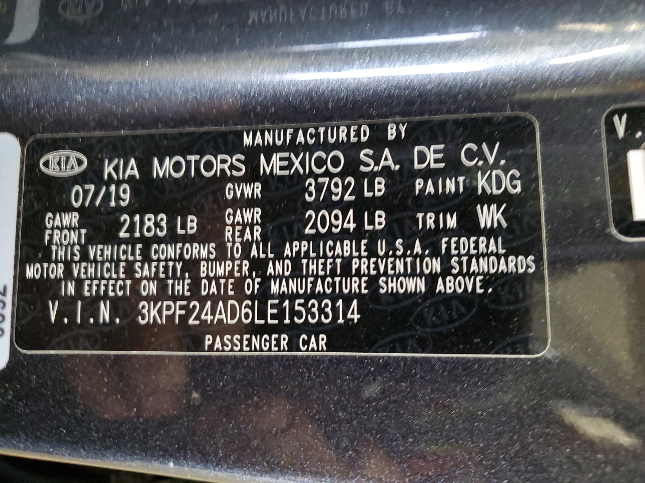 3KPF24AD6LE153314 2020 Kia Forte Fe