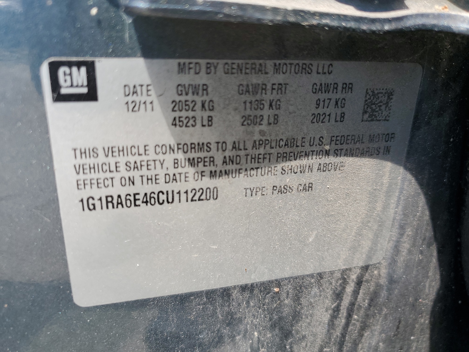 1G1RA6E46CU112200 2012 Chevrolet Volt