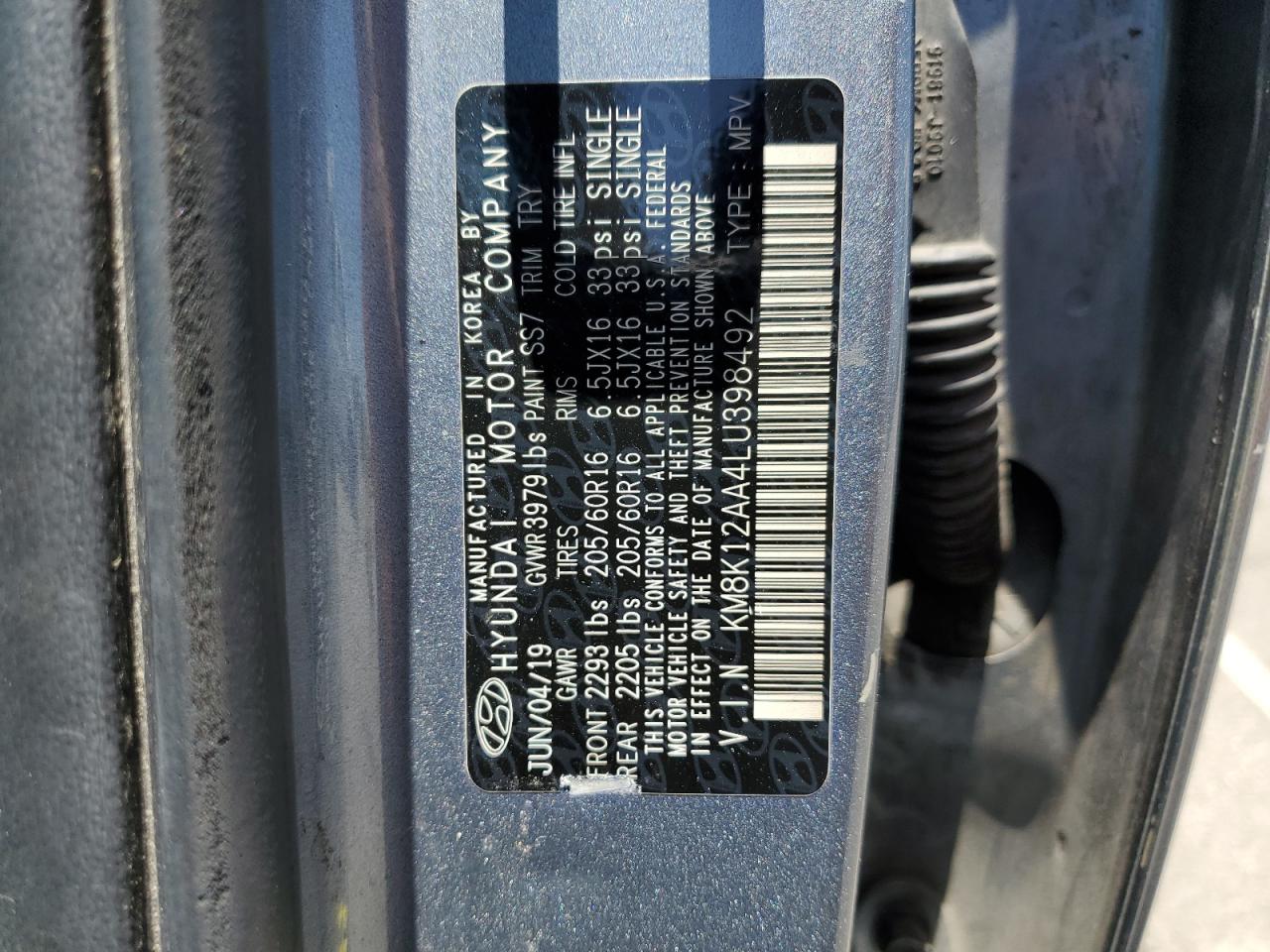 2020 Hyundai Kona Se VIN: KM8K12AA4LU398492 Lot: 59835714