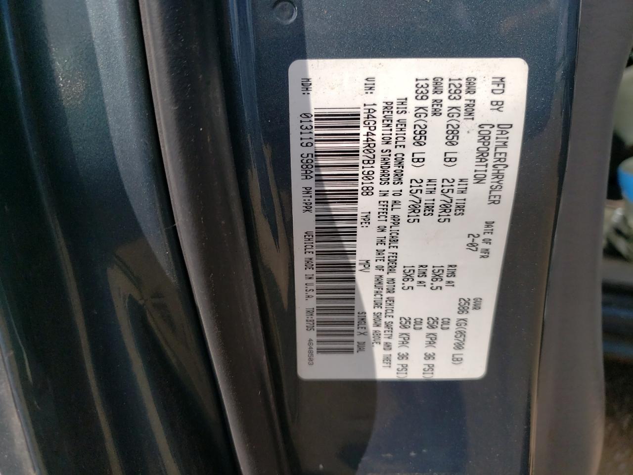 2007 Chrysler Town & Country Lx VIN: 1A4GP44R07B190188 Lot: 90457065