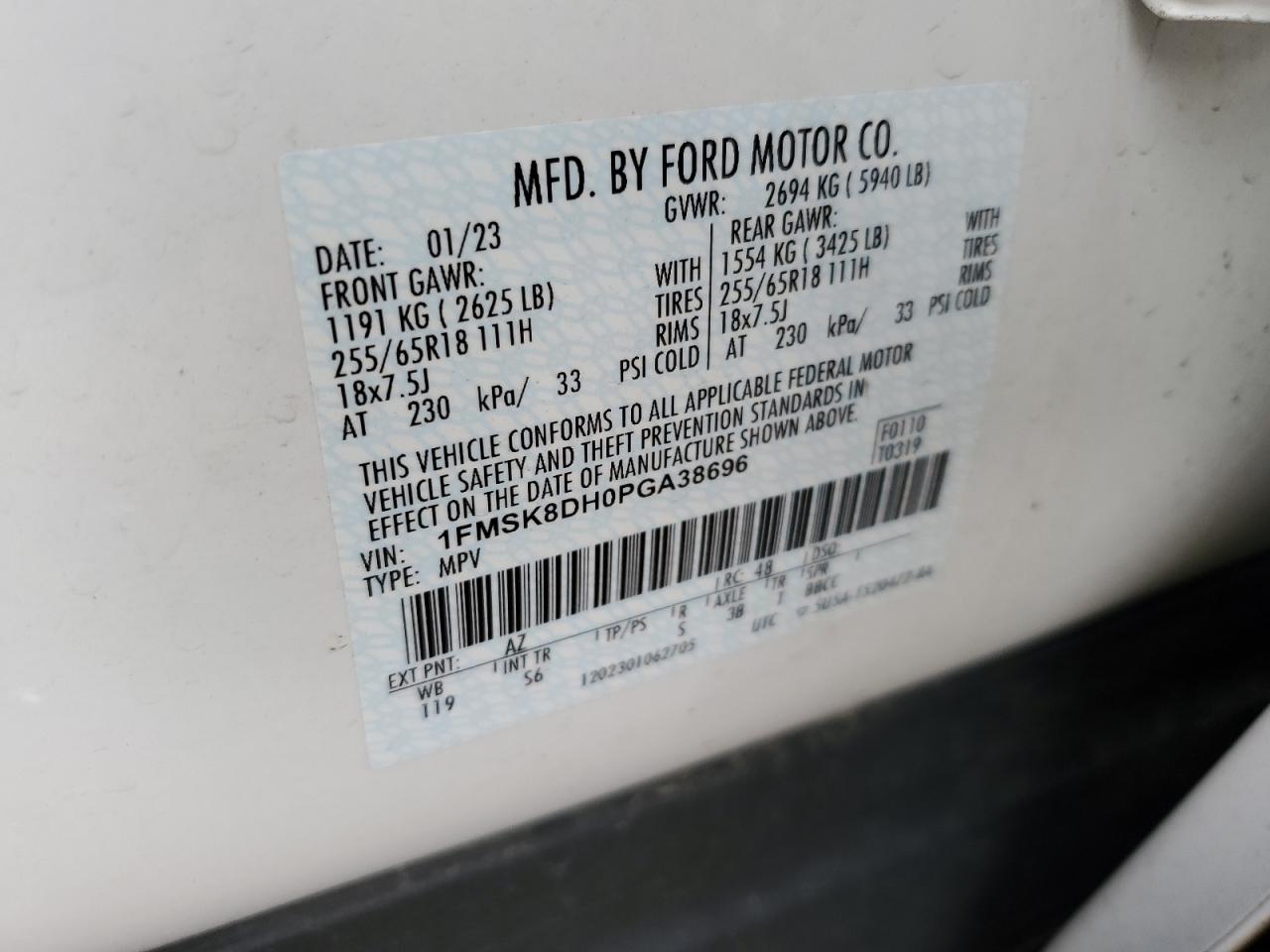 2023 Ford Explorer Xlt VIN: 1FMSK8DH0PGA38696 Lot: 57124274