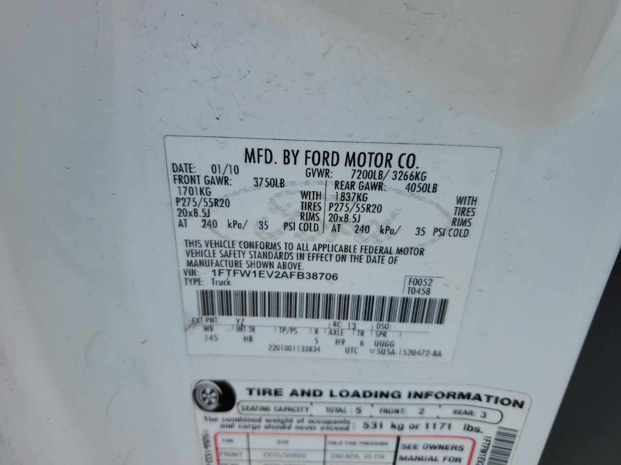 2010 Ford F150 Supercrew VIN: 1FTFW1EV2AFB38706 Lot: 58464704