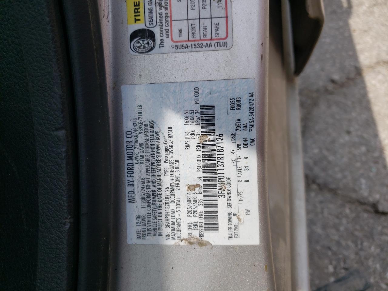 2007 Ford Fusion Se VIN: 3FAHP01137R187126 Lot: 58836664