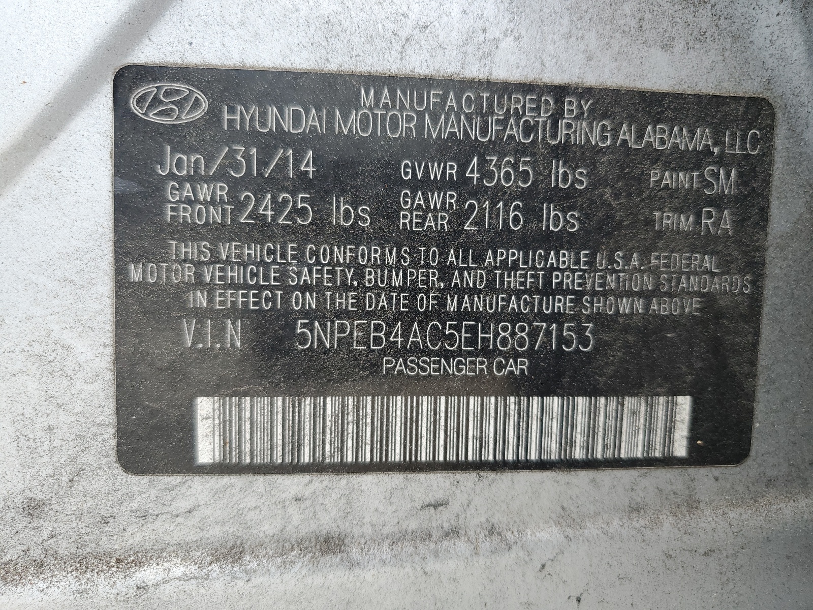 5NPEB4AC5EH887153 2014 Hyundai Sonata Gls