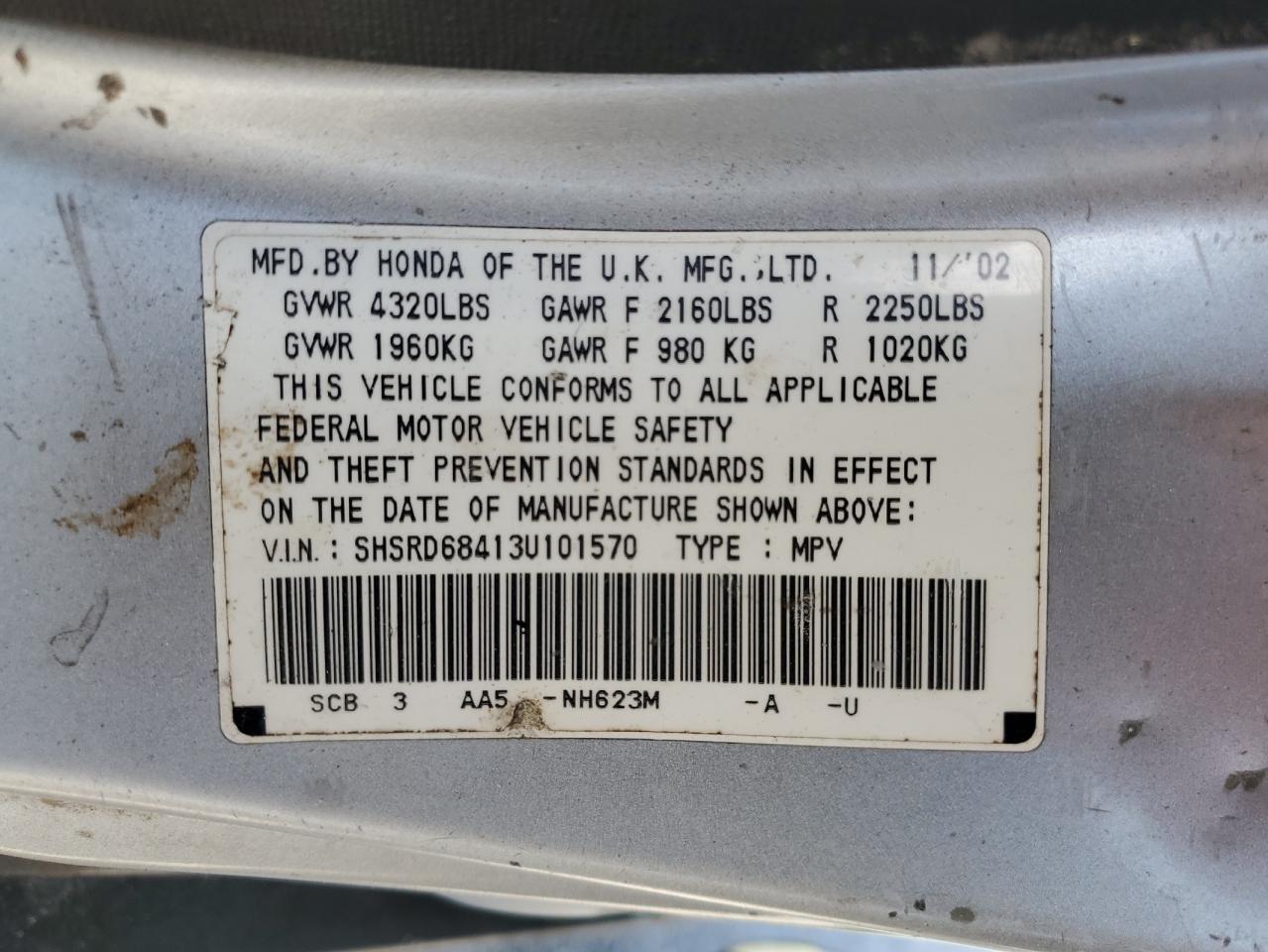 2003 Honda Cr-V Lx VIN: SHSRD68413U101570 Lot: 56912344