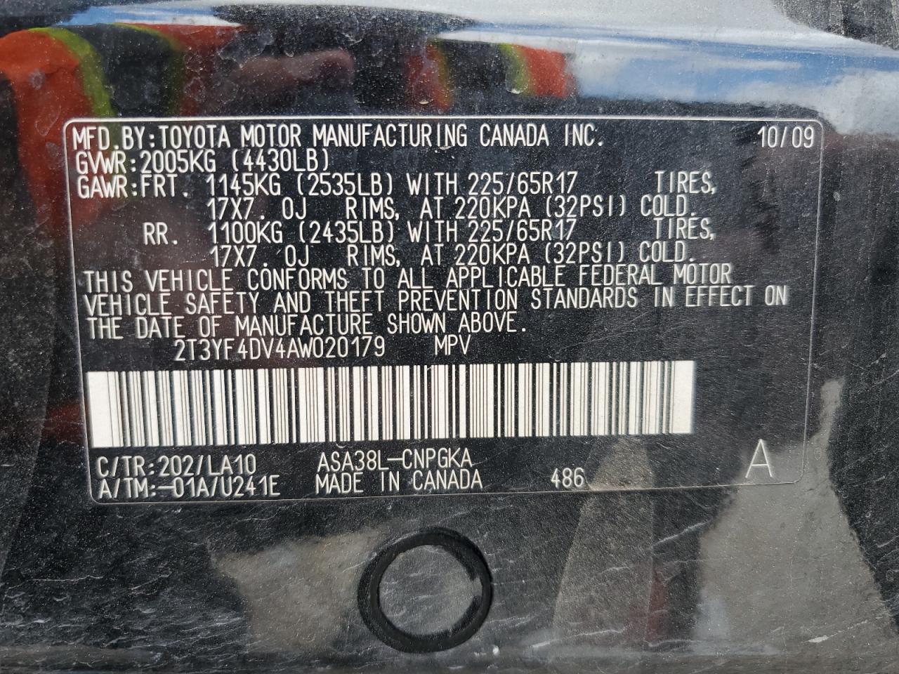 2010 Toyota Rav4 Limited VIN: 2T3YF4DV4AW020179 Lot: 60891954