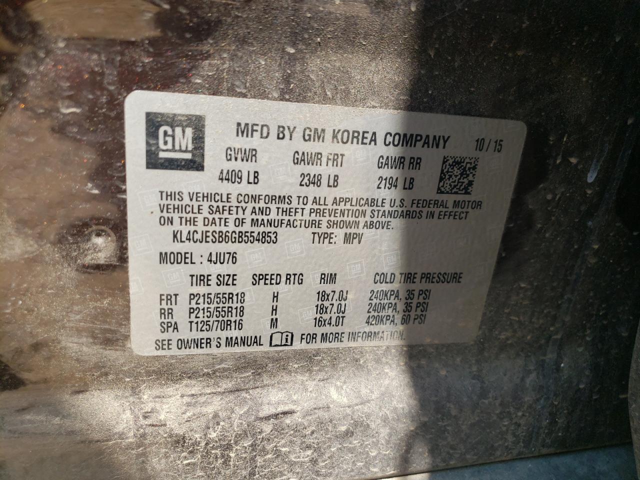 2016 Buick Encore VIN: KL4CJESB6GB554853 Lot: 60885824