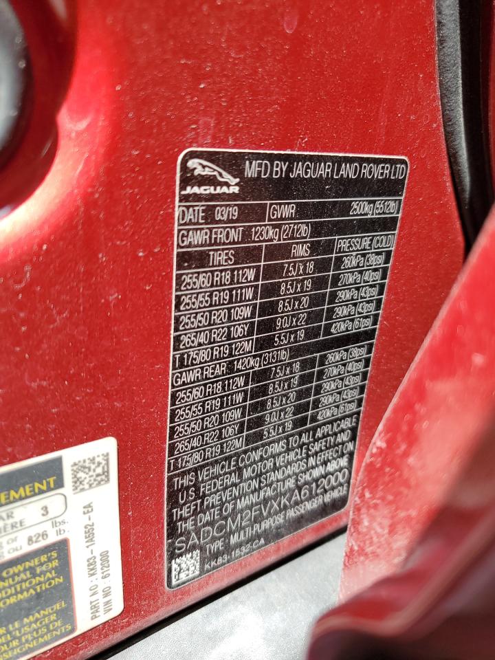 2019 Jaguar F-Pace S VIN: SADCM2FVXKA612000 Lot: 62550044