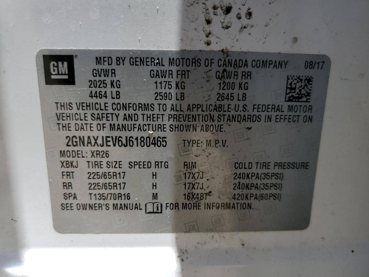 2GNAXJEV6J6180465 2018 Chevrolet Equinox Lt