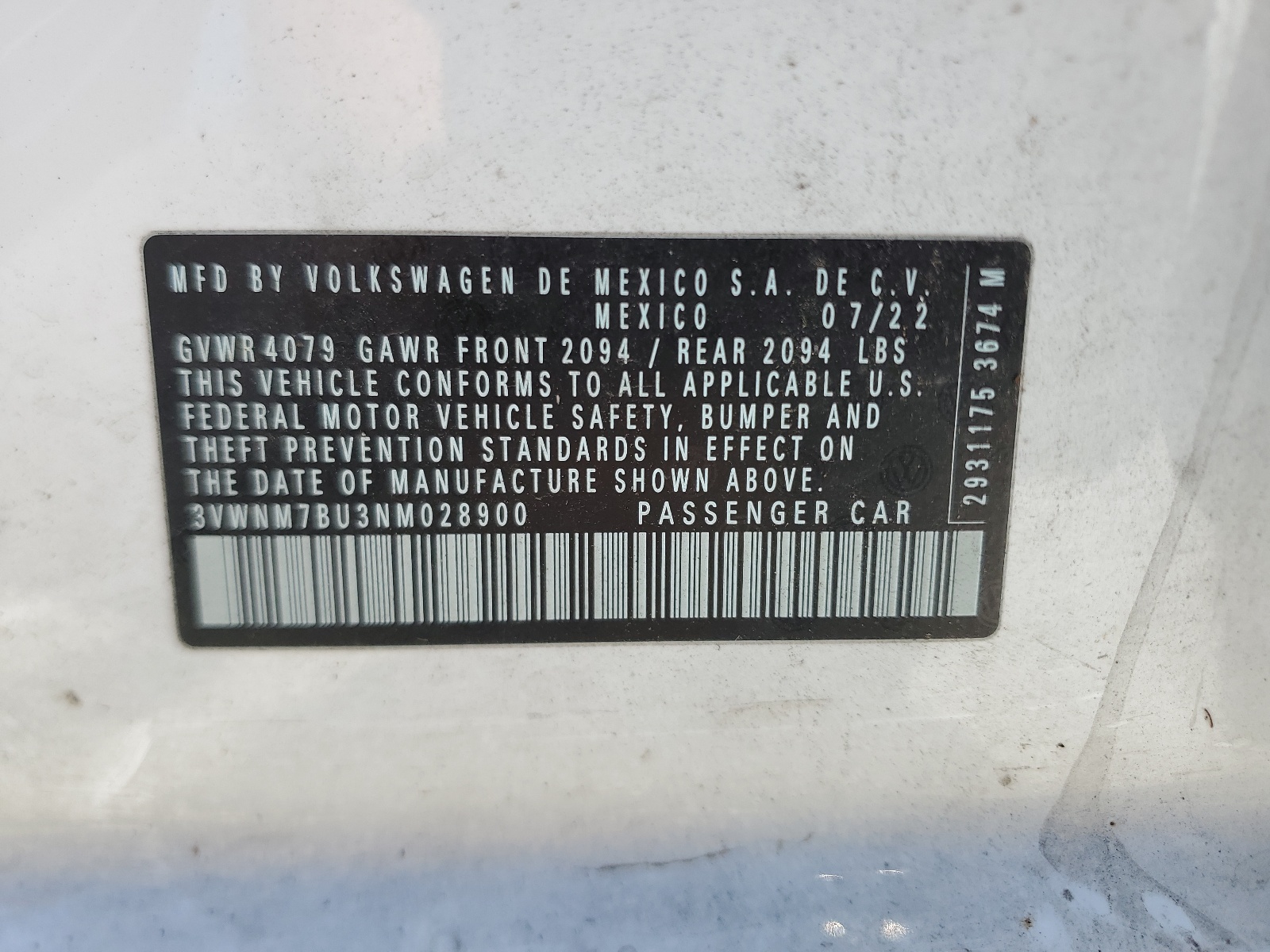 3VWNM7BU3NM028900 2022 Volkswagen Jetta S