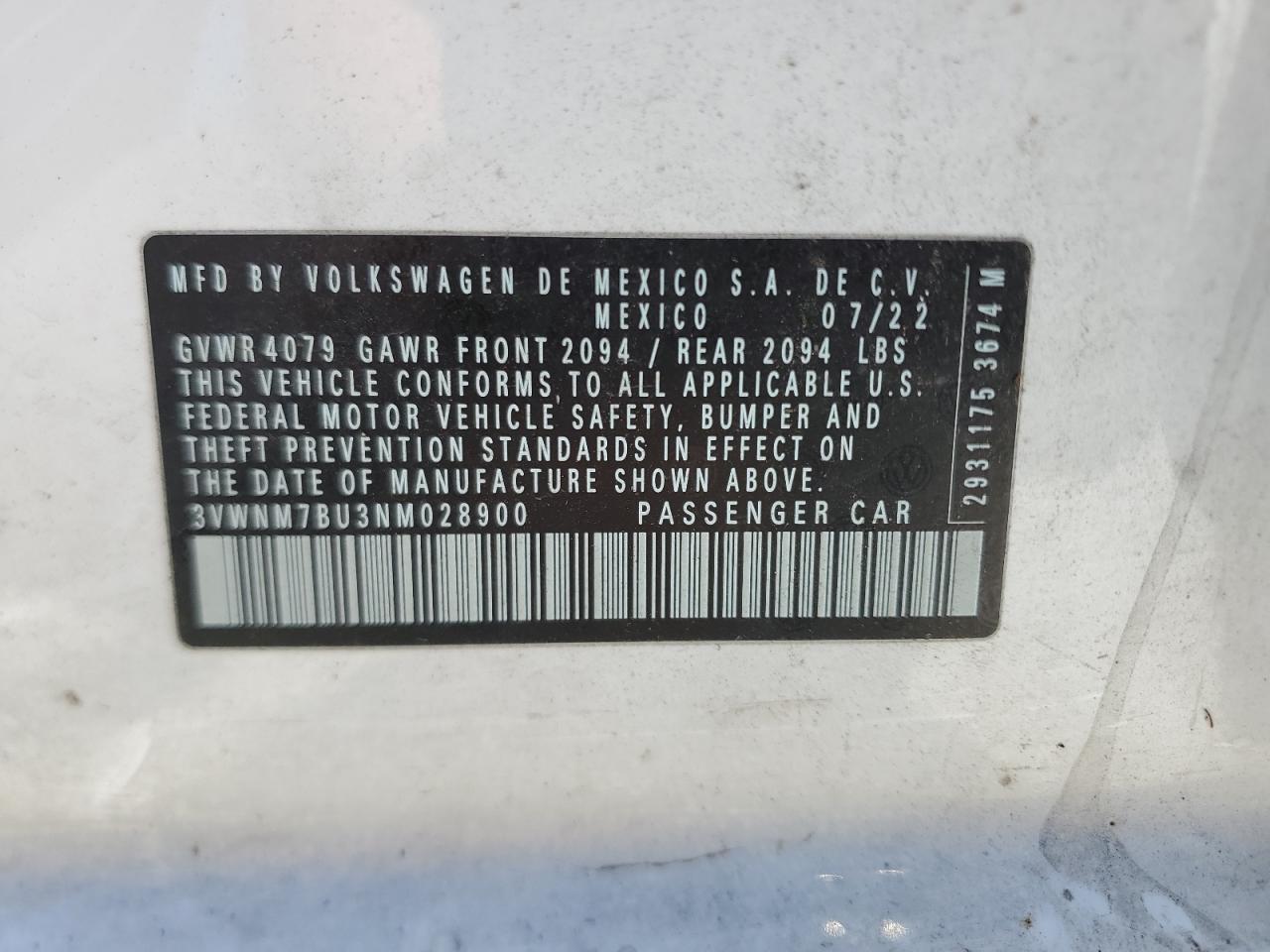 2022 Volkswagen Jetta S VIN: 3VWNM7BU3NM028900 Lot: 58158614