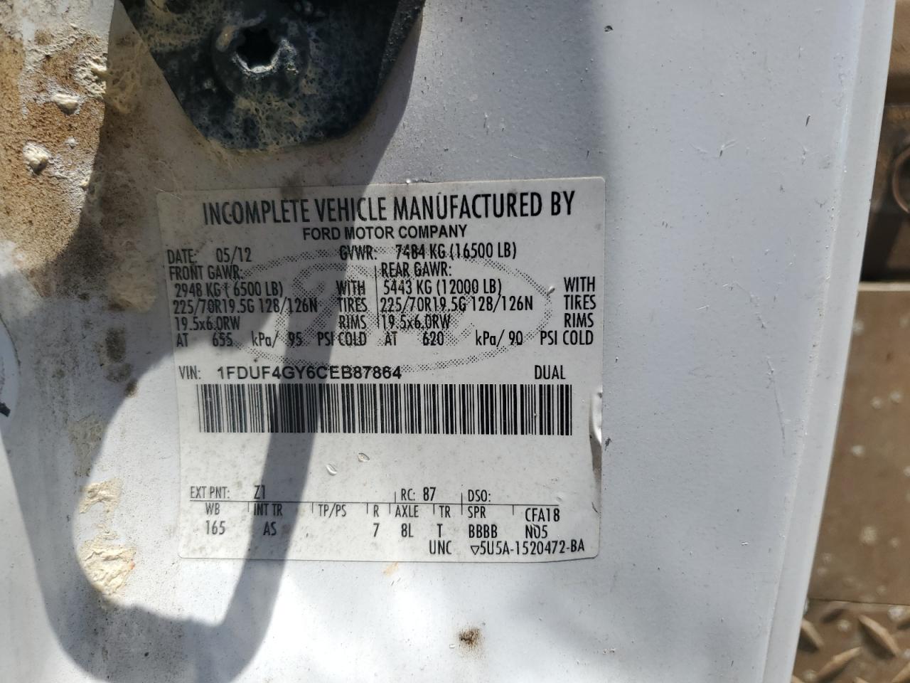 2012 Ford F450 Super Duty VIN: 1FDUF4GY6CEB87864 Lot: 68349334