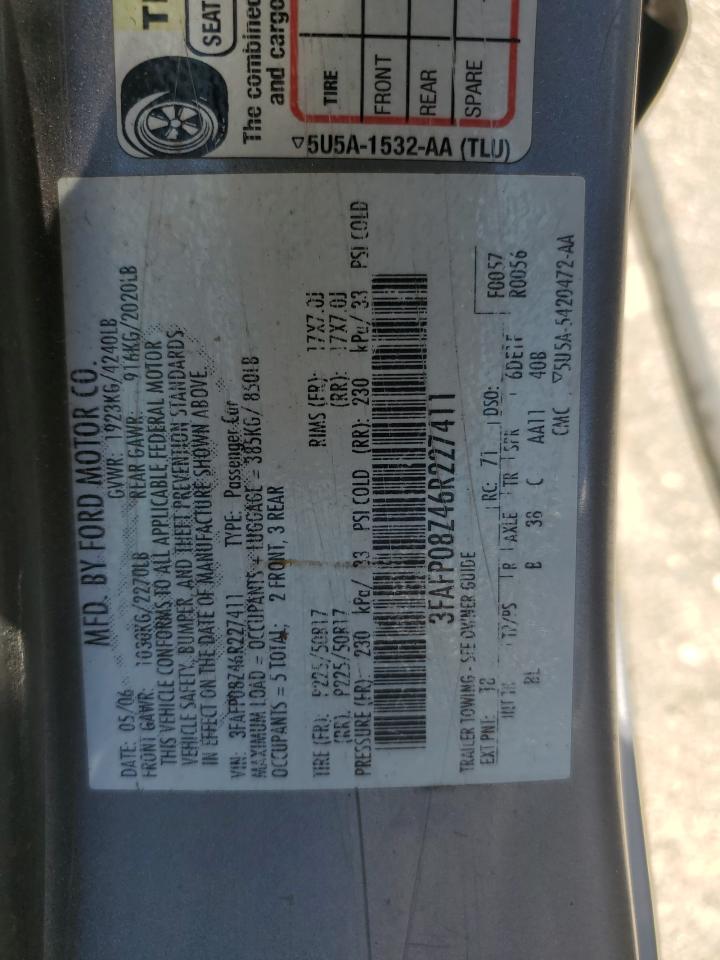 2006 Ford Fusion Sel VIN: 3FAFP08Z46R227411 Lot: 60725824