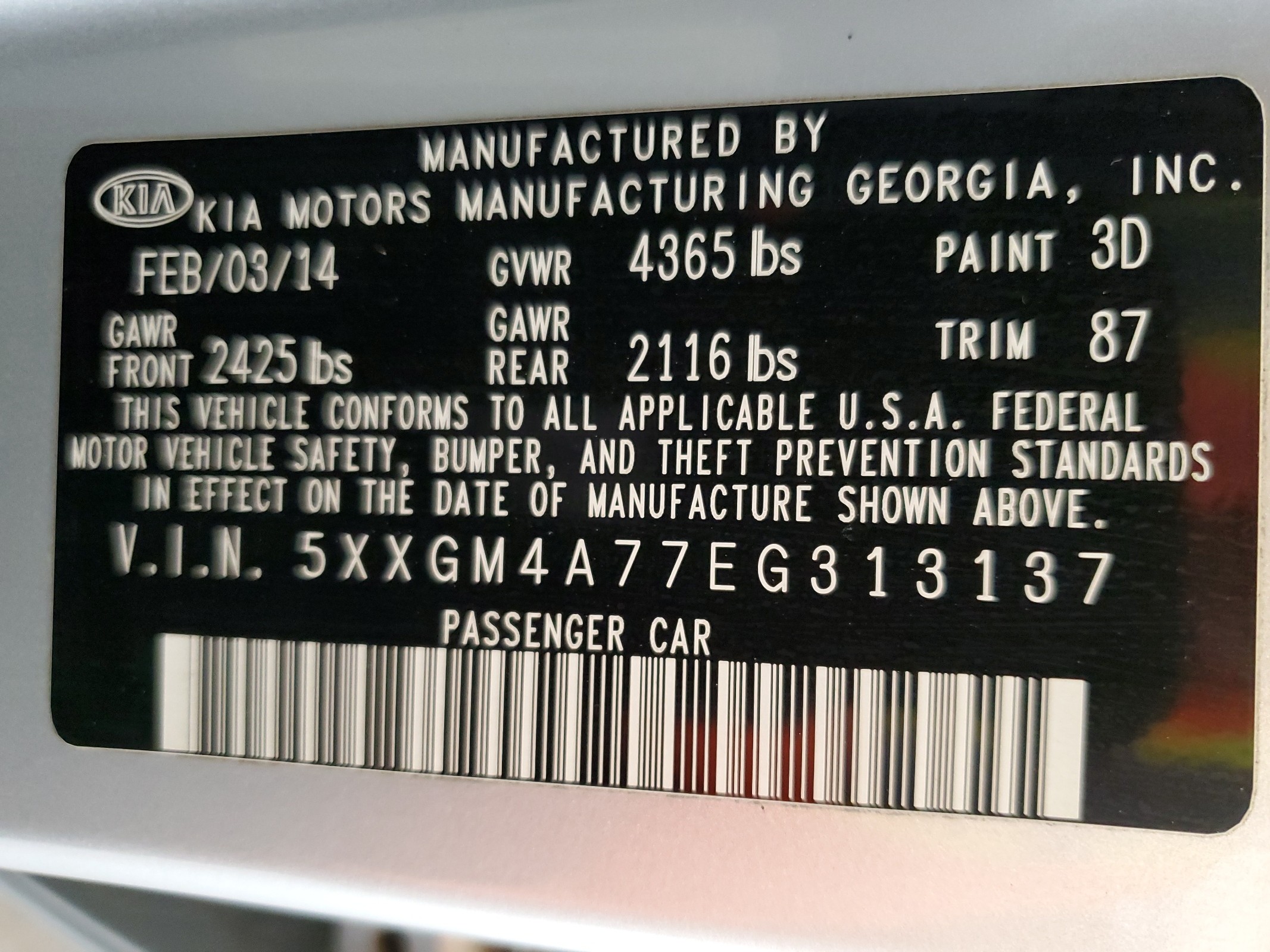 5XXGM4A77EG313137 2014 Kia Optima Lx