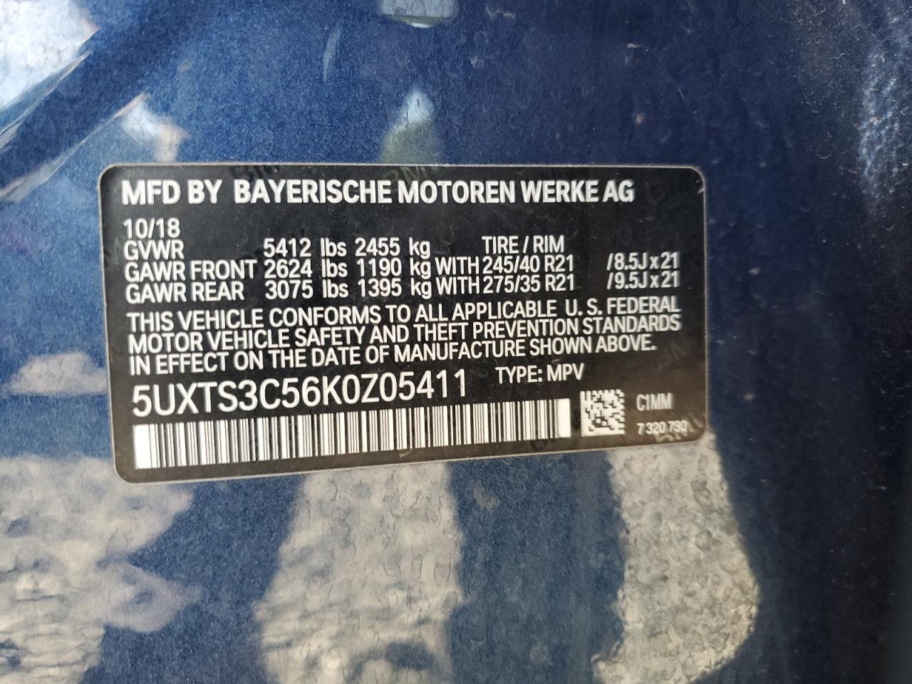 2019 BMW X3 xDrivem40I VIN: 5UXTS3C56K0Z05411 Lot: 58755294