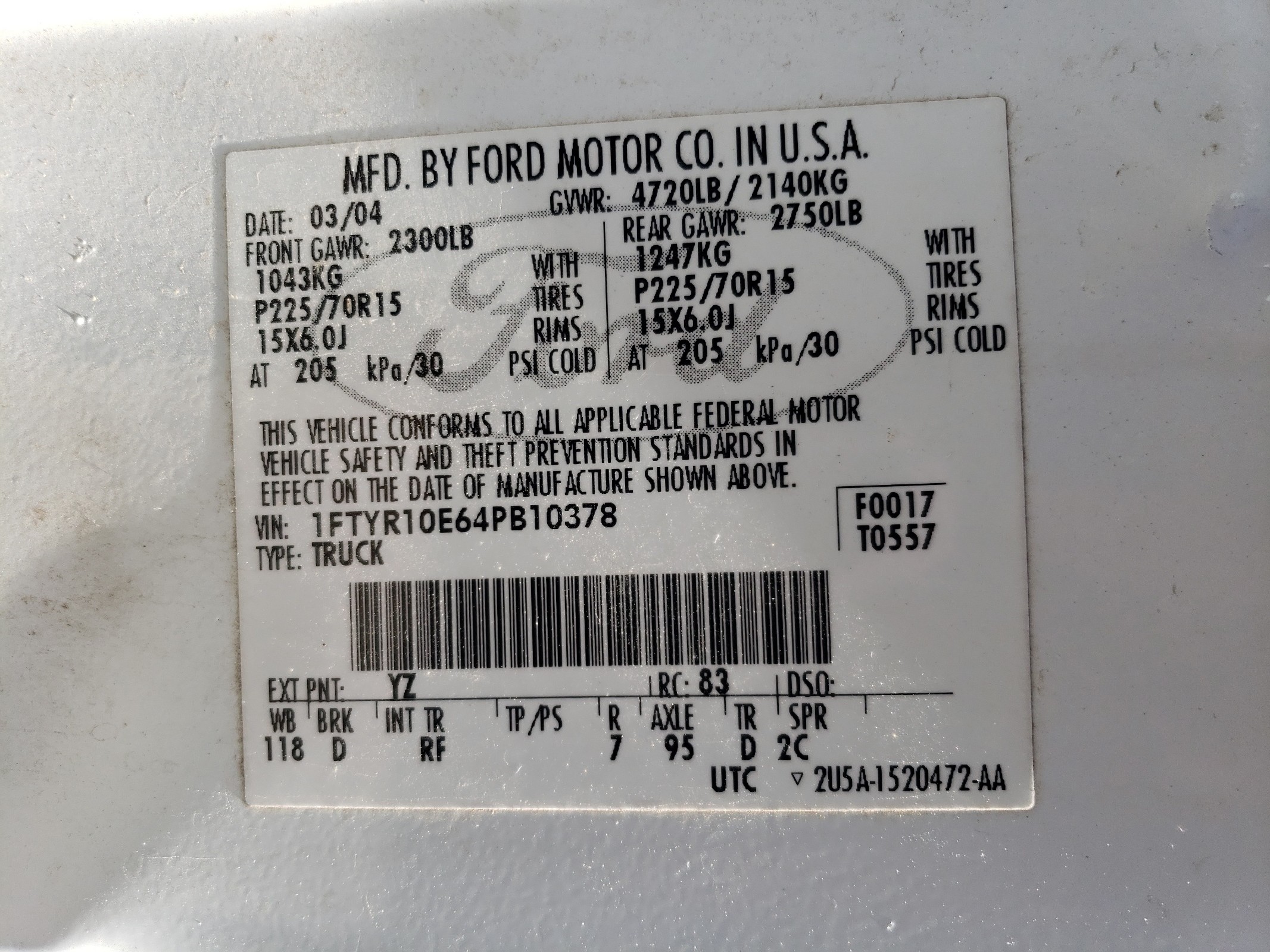 1FTYR10E64PB10378 2004 Ford Ranger