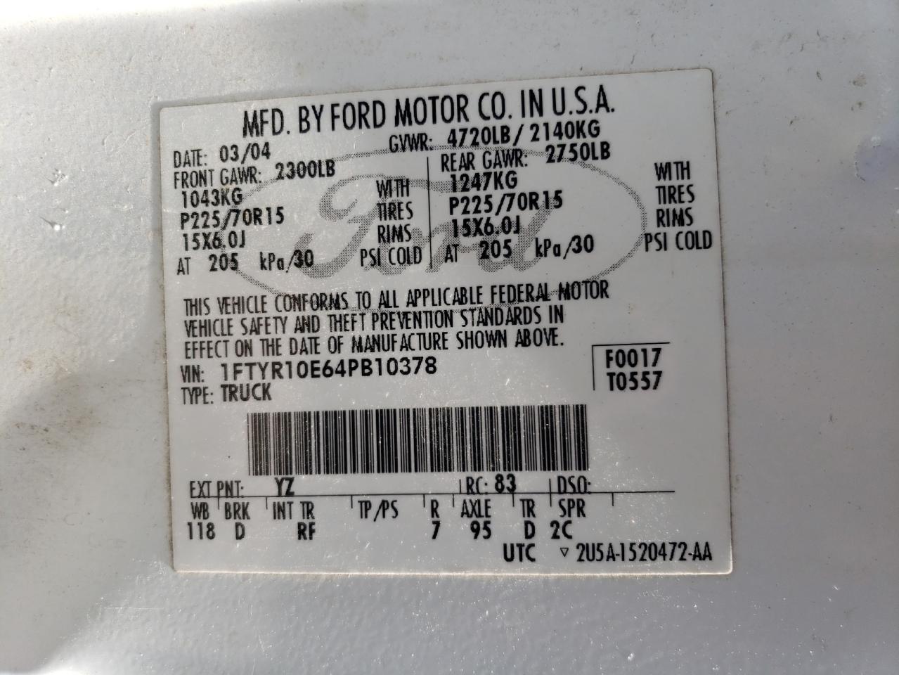 2004 Ford Ranger VIN: 1FTYR10E64PB10378 Lot: 59953174