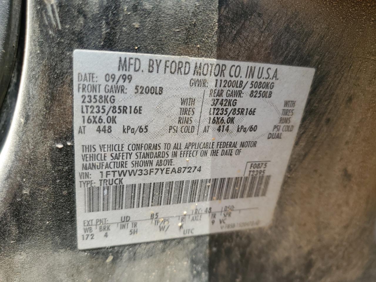 2000 Ford F350 Super Duty VIN: 1FTWW33F7YEA87274 Lot: 60886054