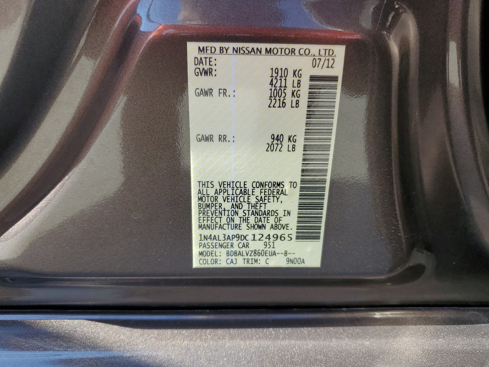 2013 Nissan Altima 2.5 vin: 1N4AL3AP9DC124965