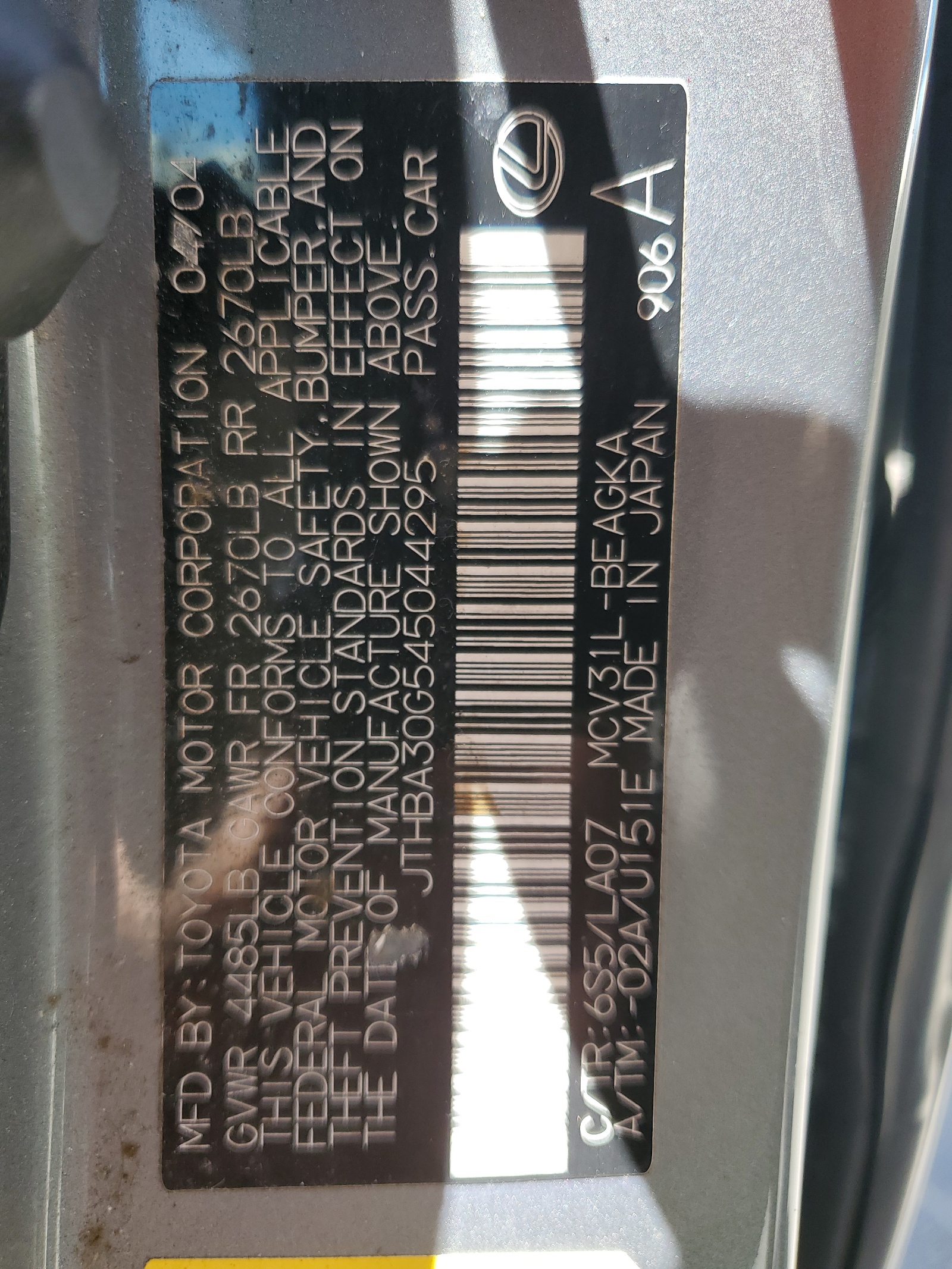 JTHBA30G545044295 2004 Lexus Es 330