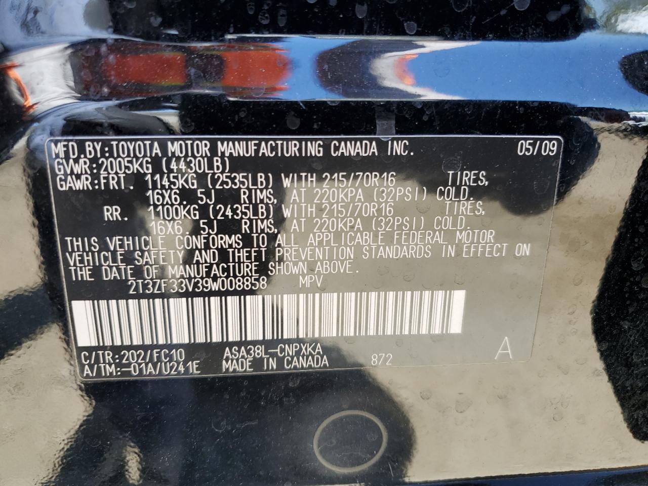 2009 Toyota Rav4 VIN: 2T3ZF33V39W008858 Lot: 58270754