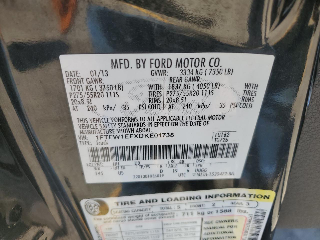 2013 Ford F150 Supercrew VIN: 1FTFW1EFXDKE01738 Lot: 58921674