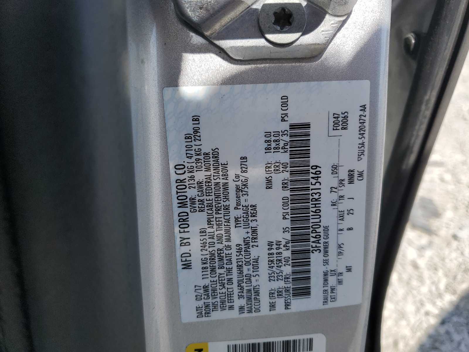 3FA6P0LU6HR315469 2017 Ford Fusion Se Hybrid