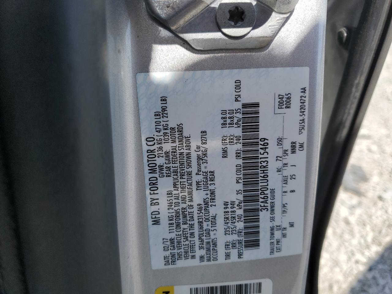 2017 Ford Fusion Se Hybrid VIN: 3FA6P0LU6HR315469 Lot: 59960524