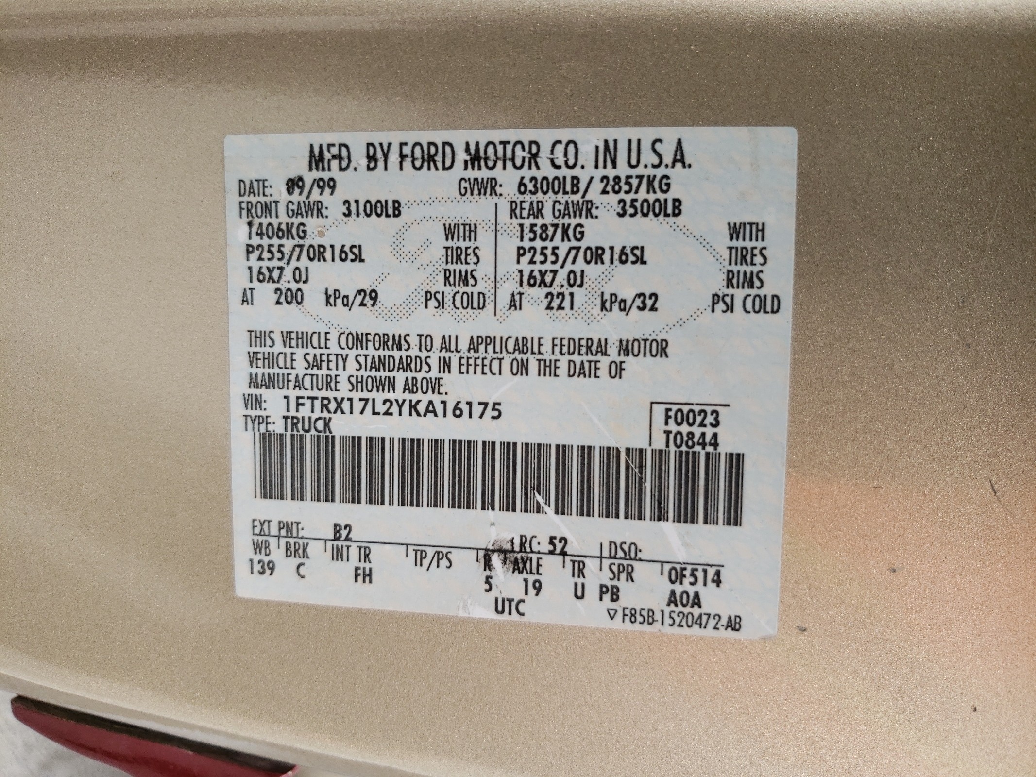 1FTRX17L2YKA16175 2000 Ford F150