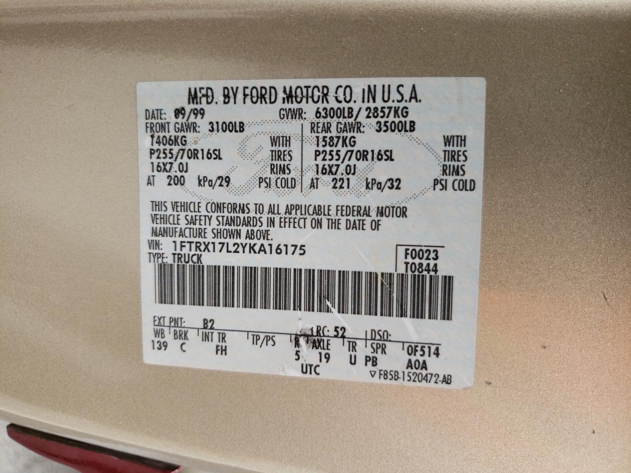 2000 Ford F150 VIN: 1FTRX17L2YKA16175 Lot: 60123104