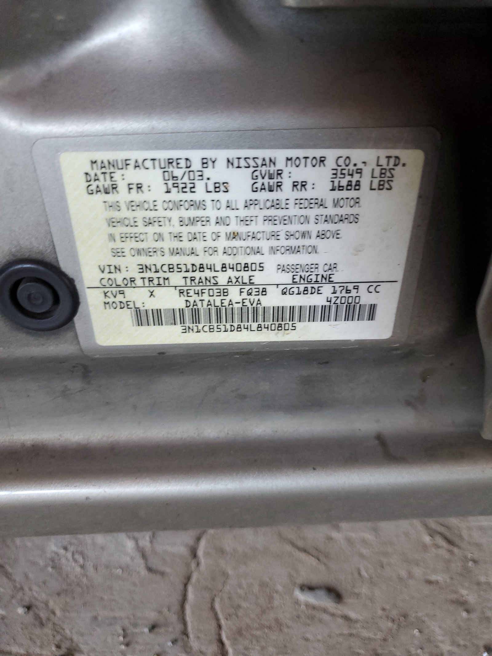 3N1CB51D84L840805 2004 Nissan Sentra 1.8