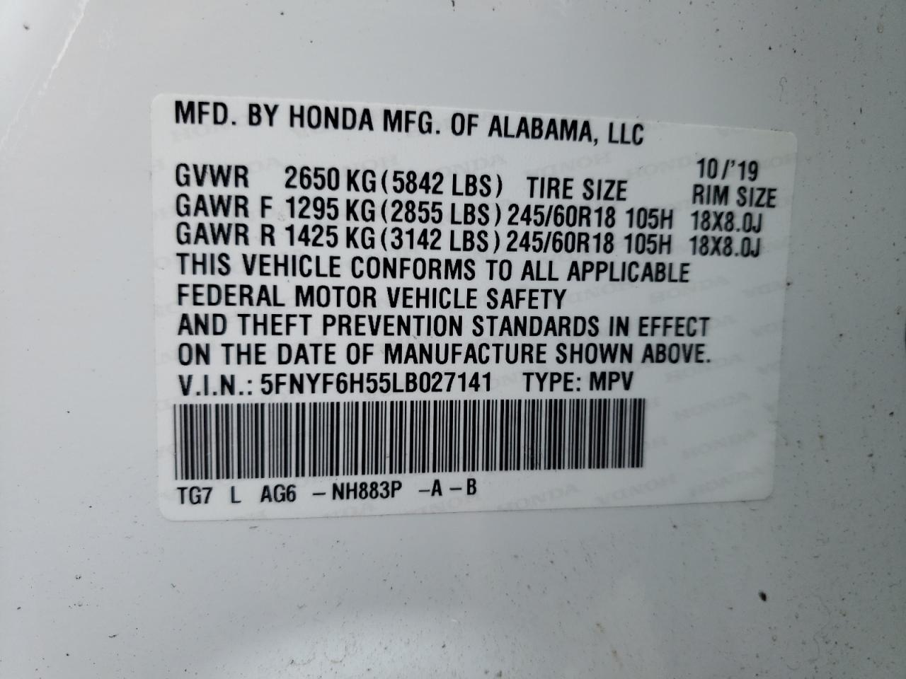 2020 Honda Pilot Exl VIN: 5FNYF6H55LB027141 Lot: 58416624