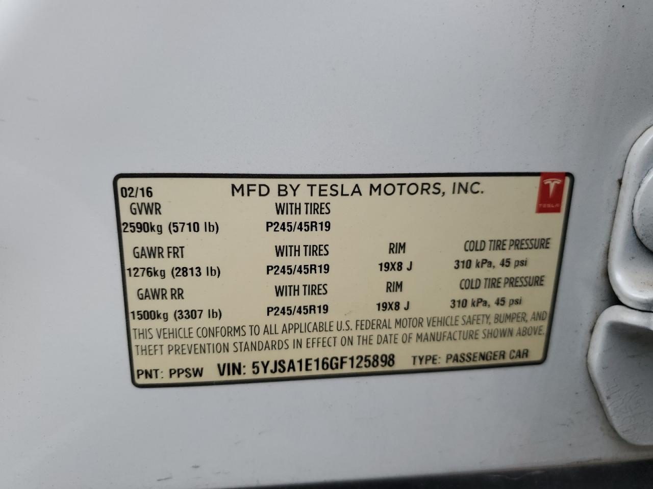 2016 Tesla Model S VIN: 5YJSA1E16GF125898 Lot: 57430074