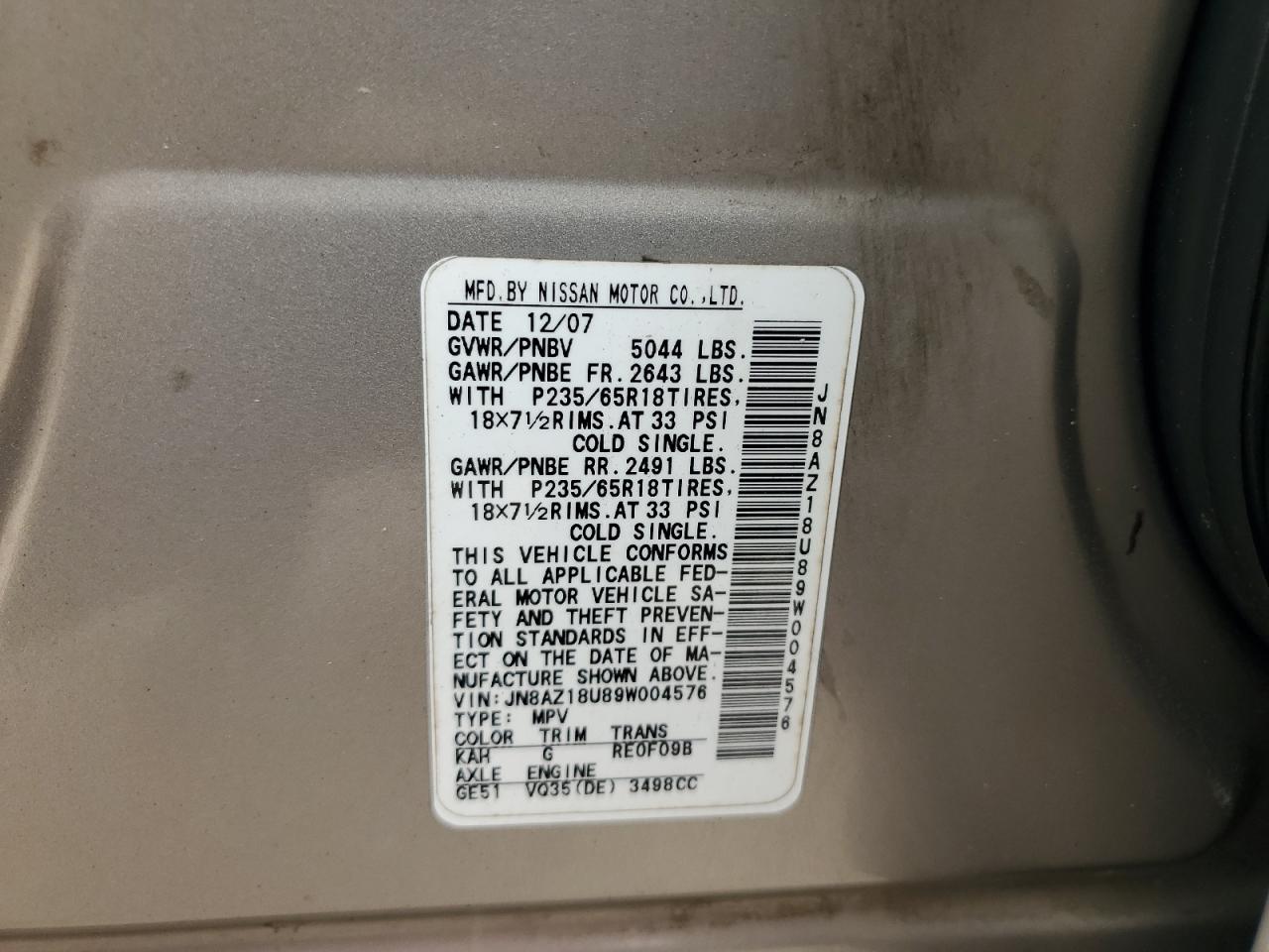 2009 Nissan Murano S VIN: JN8AZ18U89W004576 Lot: 59251934