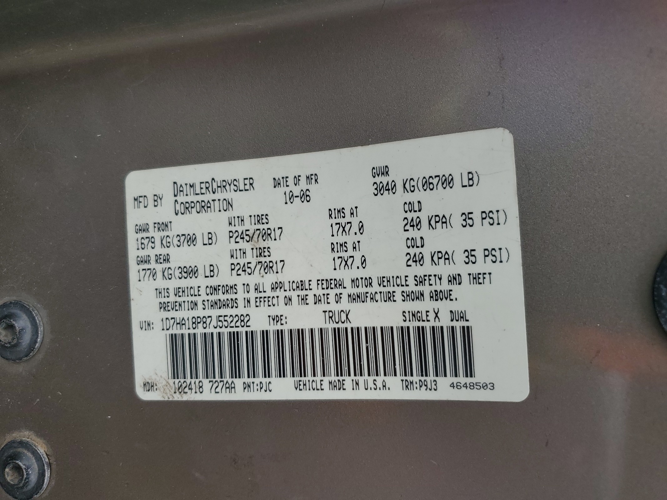 1D7HA18P87J552282 2007 Dodge Ram 1500 St