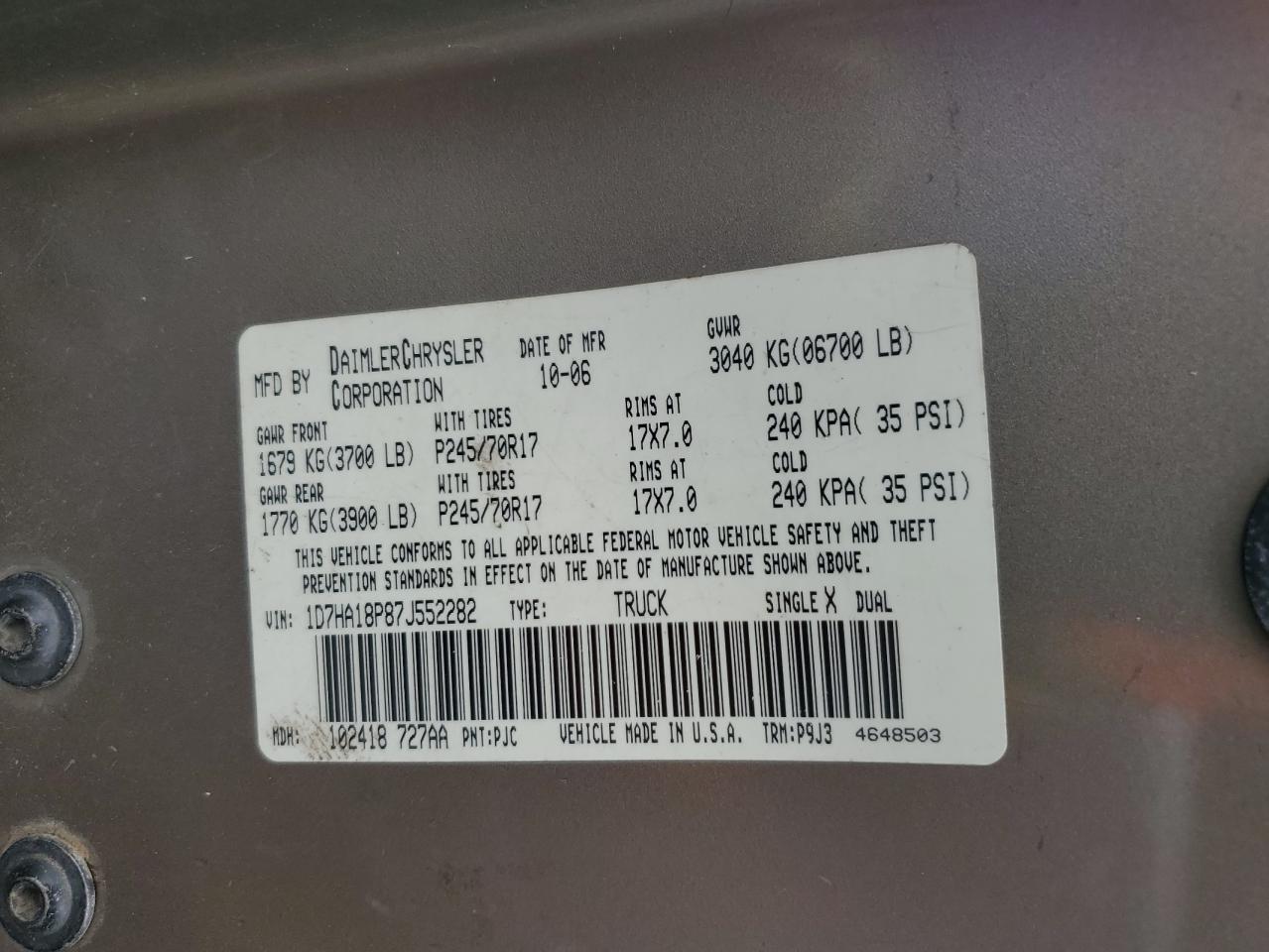 2007 Dodge Ram 1500 St VIN: 1D7HA18P87J552282 Lot: 57973644