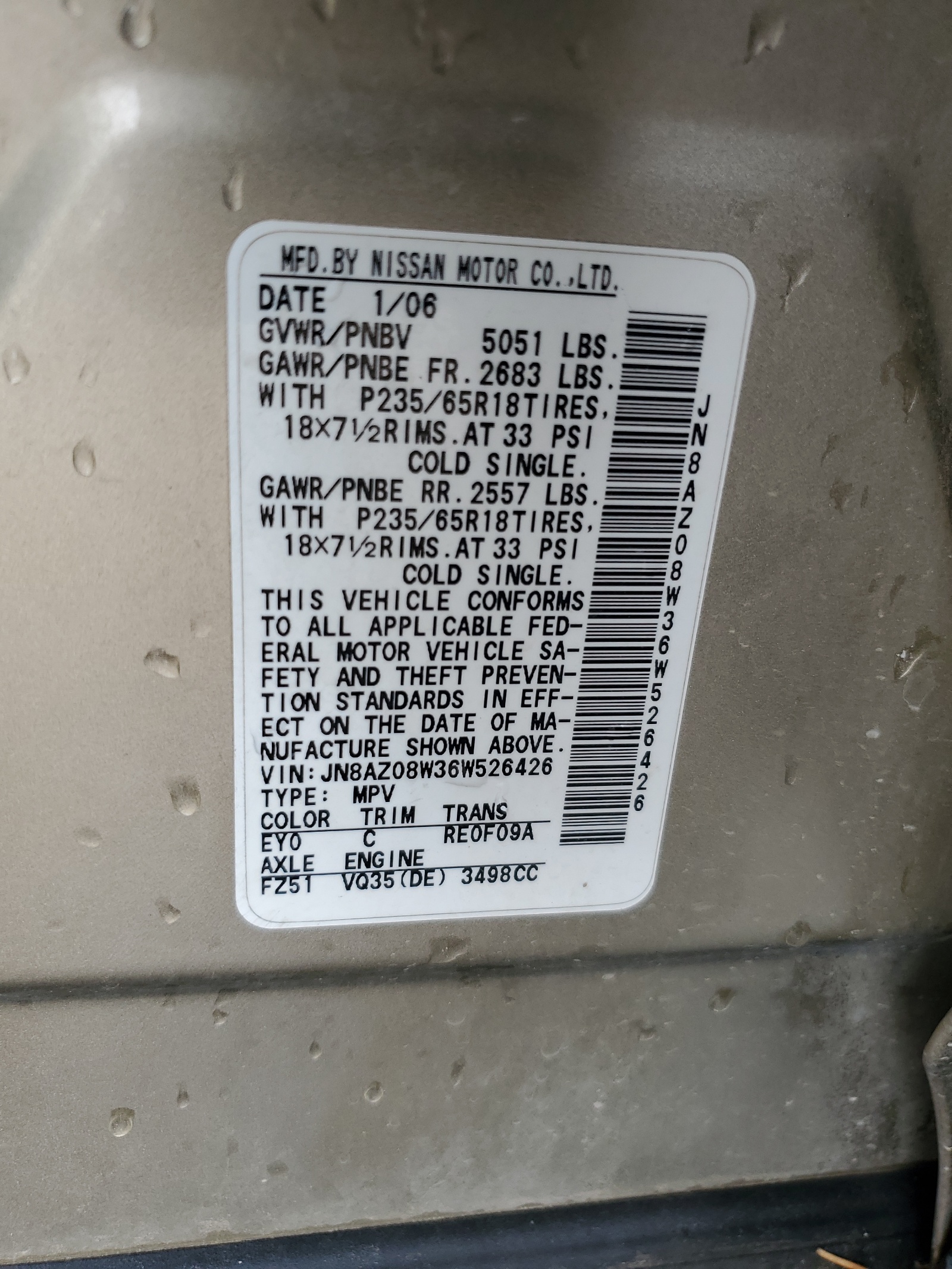 JN8AZ08W36W526426 2006 Nissan Murano Sl