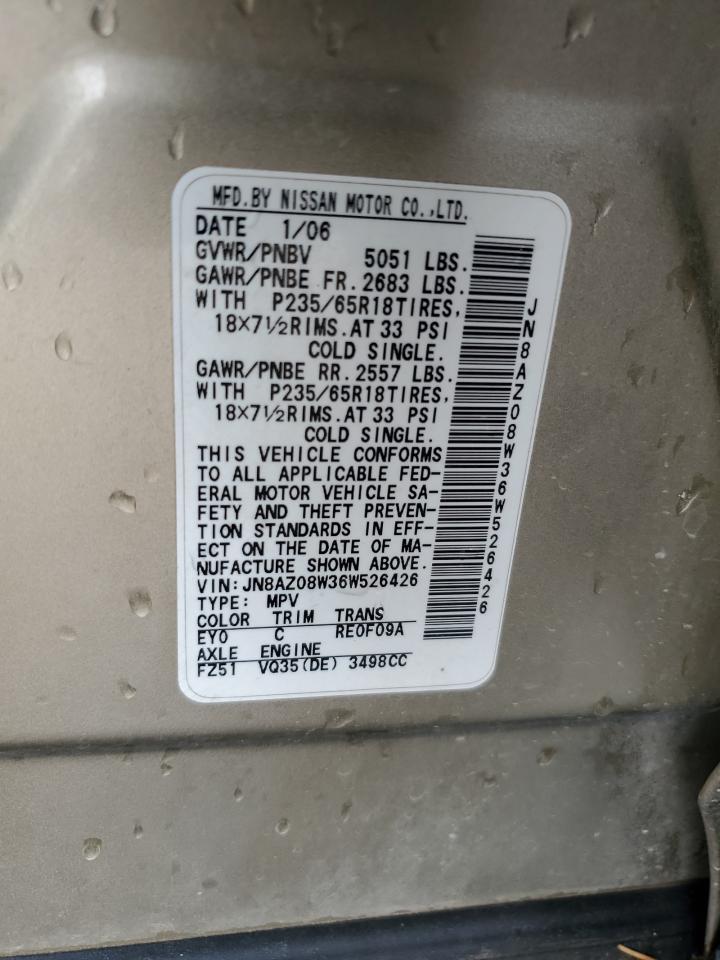 2006 Nissan Murano Sl VIN: JN8AZ08W36W526426 Lot: 60676774